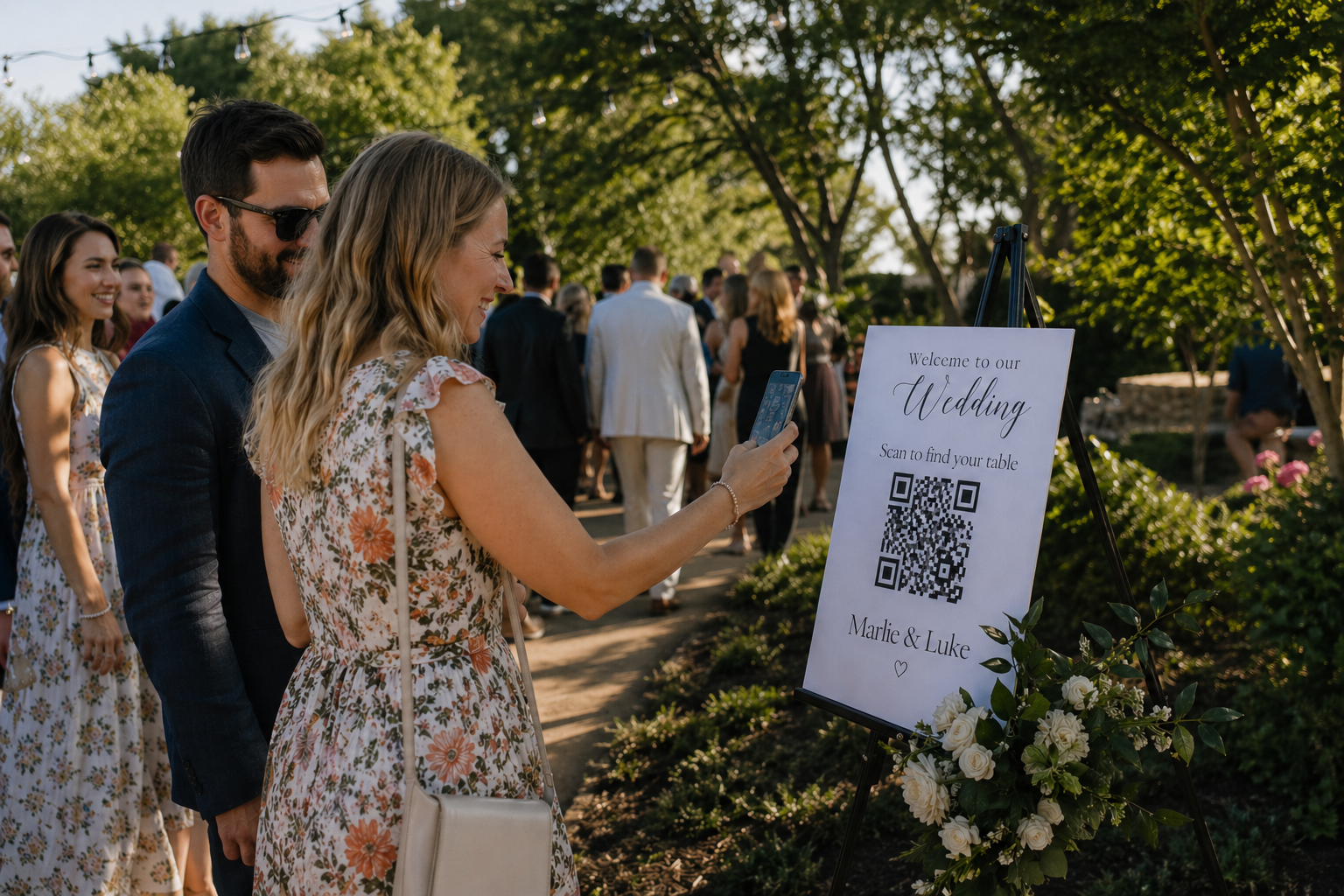 Guest scanning a QR code at a wedding table